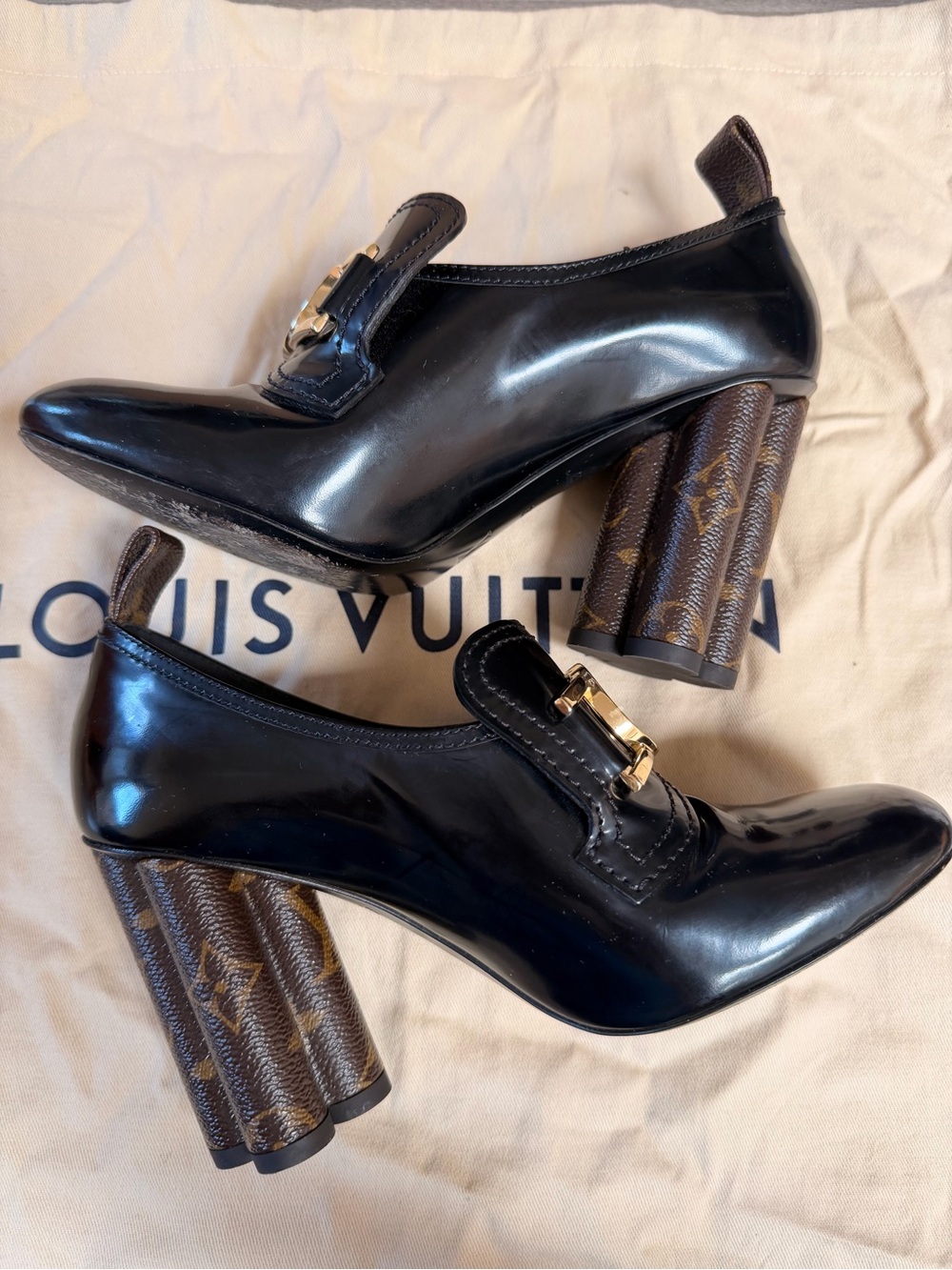 Louis Vuitton Black Patent Leather Heeled Loafers with Gold LV Hardware - Picture 5 of 14